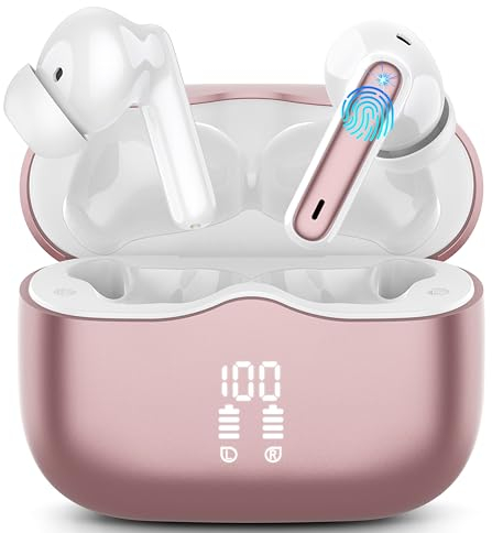 xinwld Auriculares Inalambricos, Auriculares Bluetooth 5.3 In Ear con 4 ENC Mic, Pantalla LED Doble Cascos Inalambricos HiFi Estéreo, In-Ear Earbuds Deportivos IP7 Impermeable, 40H, USB-C, Rose Gold