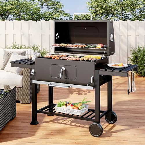 DKIEI XXXL Smoker Charcoal BBQ, Portable Barbecue Grill with Wheel & 2 Folding Table, Thermometer & Adjustable Charcoal Pan, Large Outdoor BBQ Grill Smoker for Patio Home Garden Cooking