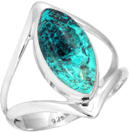 Jeweloporium Bague en argent sterling 925 avec shattuckite bleue, taille 52,5, pour femme, véritable pierre marquise, bijou artisanal