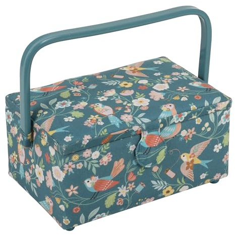 Hobby Gift Medium Sewing Box Organiser, Fabric Covered Storage Box with Handle, Internal Tray, Pin Cushion and Pocket for Sewing, Quilting and Knitting Supplies