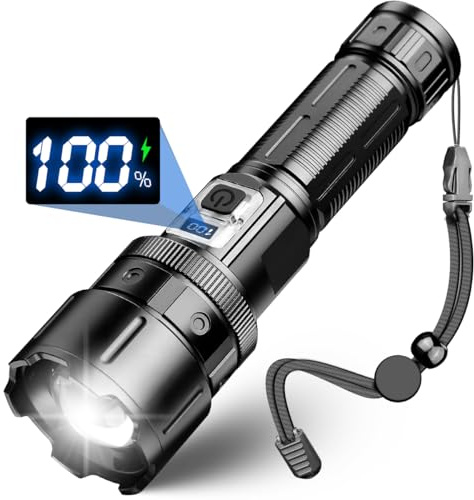 WholeFire Linterna LED recargable, 100000 lúmenes, extremadamente brillante, funciona con pilas, linterna USB, zoom impermeable, con 5 modos de luz para camping, senderismo, emergencias, WF1511