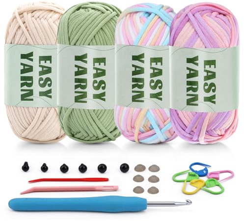 Filato per Uncinetto per Principianti - 4 x 50 g, Spesso Senza Filo Diviso - Cotone Grosso Easy Yarn con Accessori
