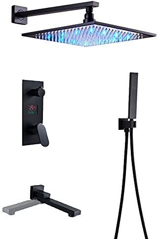 Système De Douche Ensemble De Robinet De Douche À Affichage Numérique À Led Noir Avec Bec De Baignoire Rotatif, Ensemble Combiné De Douche Mural, Mitigeur En Laiton Avec Douche À Main, Pomme De Douc