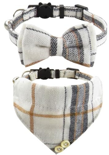 UYRVAPE 2pcs Collari per gatti con campane Bandana a farfalla rimovibile, collare per gattini, bandana per gatti, Papillon a Quadretti Regolabile con Campanello e Fibbia di Sicurezza