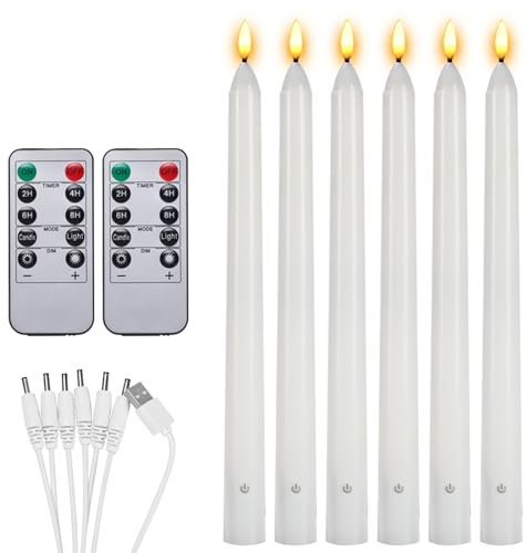 BORDEAG LED Stabkerzen, 6 Stück LED Kerzen mit Timerfunktion, LED Kerzen Outdoor, LED Kerzen mit 2 Fernbedienung, LED Kerzen Flackernde Flamme, Rechargeable, für Weihnachtsdeko, Hochzeit, Party