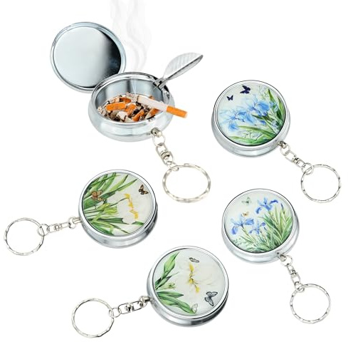 4 PCS Portable Pocket Ashtray, DSIOHFEI Mini Stainless Steel Circular Ashtray with Lid, Key Chain with Cigarette Snuffer, Modern Ash Holder for Outdoor Use(Flower Pattern)