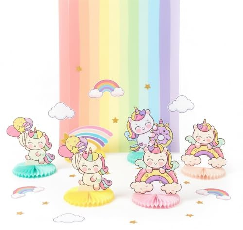 Einhorn Deko Kindergeburtstag Set, 8 Stücke Tischdekoration für Kindergeburtstagsparty, Mädchengeburtstag Wiederverwendbar & plastikfrei Regenbogen Pastellfarben Tischdeko 3D Einhorn Party Deko