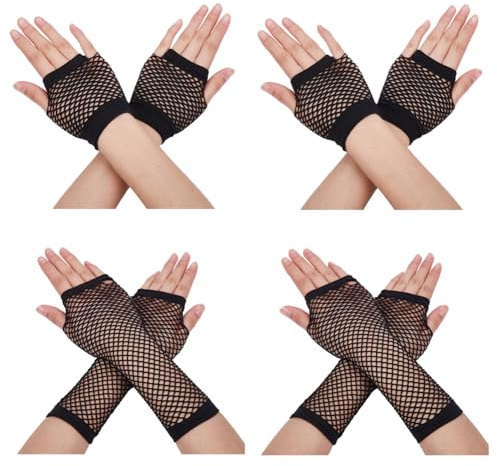 CABODYALS 4 Pairs 2 Styles Black Fishnet Gloves Elastic Mesh Fingerless Gloves 80s Vintage Evening Punk Fish Net Rave Arm Sleeves Bulk for Halloween Party Cosplay Costume Halloween Accessories