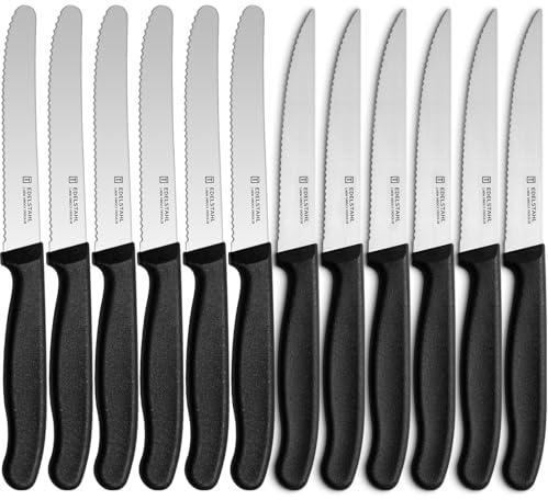 targzier Frühstücksmesser 12 Stück,mit Steakmesser,Schwarzes Messerset | Spülmaschinenfest,Edelstahl Klinge 11cm,Robuste Polypropylengriffe,Tomatenmesser und Scharfe Steak Messer,Wellenschliff