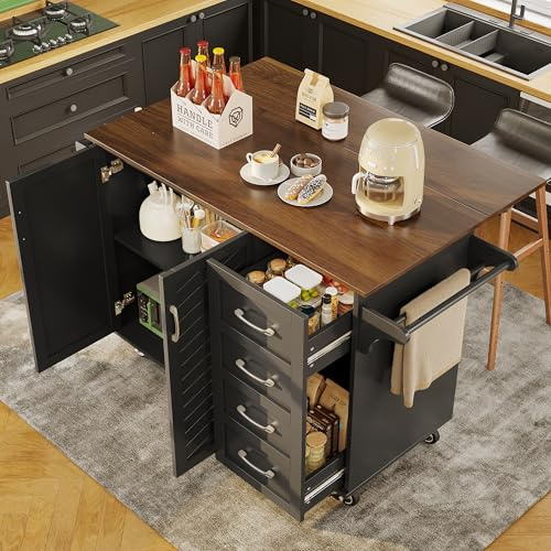 Huayz Carrello da cucina, isola da cucina, mobile da cucina, mobile buffet con piano di lavoro pieghevole, carrello da pranzo con credenza, ruote, cassetti e porta asciugamani, porte, 107x40x93cm