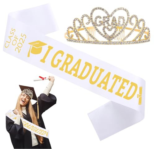 Écharpe de remise de diplôme 2025, avec couronne dorée, étole de remise de diplôme pour remise de diplôme, kit de décoration pour fond de photo, fête de remise de diplôme, décoration d'examen, etc (A)