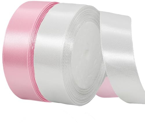 2 Rollen Satinband 20mm Breit Weiß, Geschenkband Rosa und Weiss Schleifenband Stoff Satinbänder für Blumensträuße, Geschenkverpackung, Weihnachten, Hochzeit und DIY Kunsthandwerk