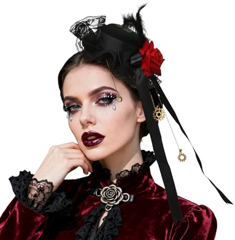 Crazycos Victorian Steampunk Mini Top Hat Hair Clip, Ladies Vintage Top Hat Mini Flower Headband with Hair Clips Gothic Lolita Vintage Accessory Cosplay Party Decor Black