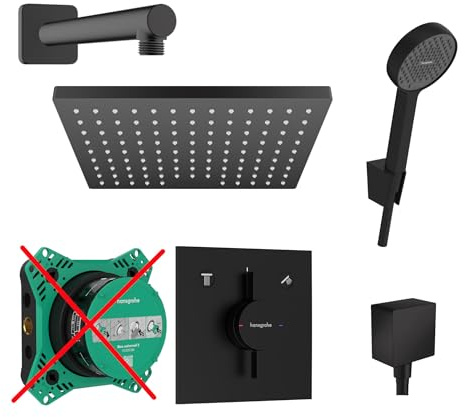 Hansgrohe Duschsystem mit Unterputz Duscharmatur von Hansgrohe Regendusche mit Armatur, Duschkopf eckig, Wandarm Dusch-SET HGSK201-ob schwarz matt