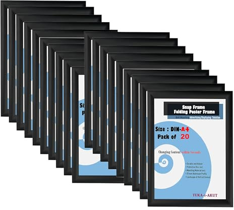 TUKA-i-AKUT 20er A4 Klapprahmen aus Aluminium 25 mm Profil, Plakatrahmen Wechselrahmen Poster Rahmen Schnapprahmen Aufklappbar mit Schutzscheibe Befestigungsmaterial, Schwarz Farbe, TKD8420-A4-20X