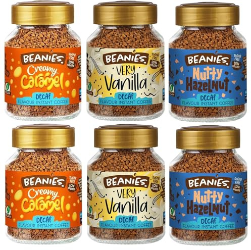 Beanies Flavoured Instant Coffee Decaf Variety Pack - 6 x 50g jars - Creamy Caramel, Nutty Hazelnut and Very Vanilla