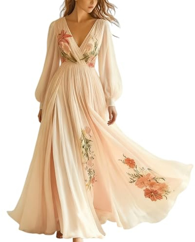 Minetom Femme Robe De Soirée Chic Longue Col V À Fleur Mousseline Manches Longue Maxi Dress Plage D'Été Cocktail Mariage Robe De Demoiselle d'honneur C2 Rose L
