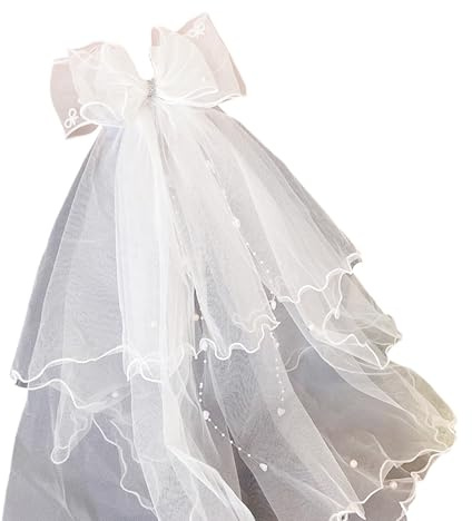 YPREWY Schleier-Set für Mädchen zur Erstkommunion, mit verstellbarer Haarspange und Schleifen-Design, weiße Spitze, Kopfschmuck für Osterkleid, Zubehör, Erstkommunion, weißer Schleier und Kopfschmuck