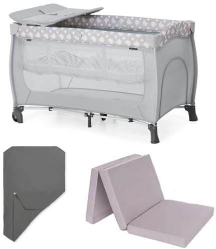 hauck Baby Reisebett Sleep N Play Center mit Neugeboreneneinhang, Wickelauflage, Matratze und Spannbettlaken | Kinderreisebett, klein Zusammenklappbar, ab Geburt bis 15 kg - Teddy Grey