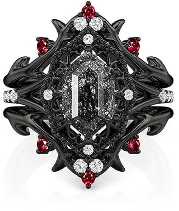 Jeulia Damen Gothic Schwarz Ringe Set Schmuckring mit Sechseck Stein Vorsteckring Rutilquarz Zirkonia Stapelring Gotisch Dornen Band Ringe für Frauen Geschenk (Schwarz, 53(16.9))