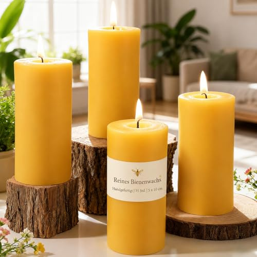 Lot de 4 bougies cylindriques en cire d'abeille, chacune brûle 35 heures – 100% cire d'abeille pure pour la maison, parfaite pour la détente et l'ambiance (4,5 cm de largeur x 10 cm de hauteur)