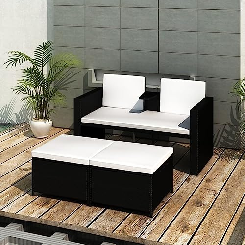 JHQHSM 4-TLG. Garten-Lounge-Set mit Auflagen Poly Rattan Schwarz, 2-Sitzer Sofa und 2 Fußstützen, Outdoor Möbel aus wetterfestem PE-Geflecht für Terrasse und Balkon, Bequeme Polster