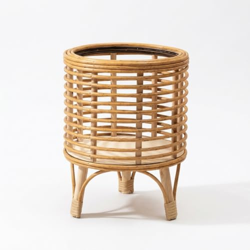 Yunmeryker Rattan Plant Stand Woven Floor-Standing Planter Basket Wooden Flower Pot Holder For Indoor Living Room Balcony Decor, 21x32cm