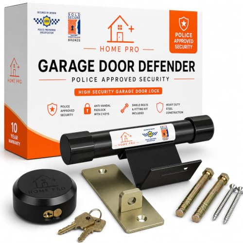 [Home Pro] Heavy Duty Garage Door Defender Lock Security Kit | Police Preferred Steel Lock With Padlock, 2 Keys And Ground Anchors