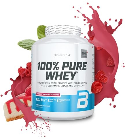 BioTechUSA 100% Pure Whey | Proteína en Polvo con BCAA y Glutamina | Sin Gluten, Sin Aceite de Palma, 2.27 kg, Tarta de queso con frambuesas