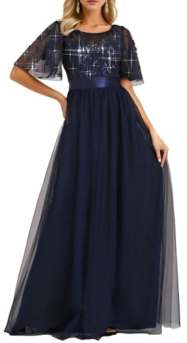 Ever-Pretty Damen Abendkleid A-Linie Spitze Kurze Ärmel Partykleid lang 00904