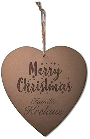 CHRISCK design Türschild/Deko Herz aus Holz mit Kordel für die Haustür zum Aufhängen mit individueller Gravur schöne Geschenkidee zu Weihnachten Merry Christmas/Frohe Weihnachten Familienschild
