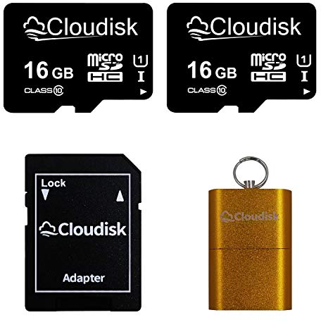 Cloudisk - Paquete de 2 tarjetas Micro SD de 16 GB con adaptador/lector MicroSD de clase 10 (2 unidades de 16 GB)