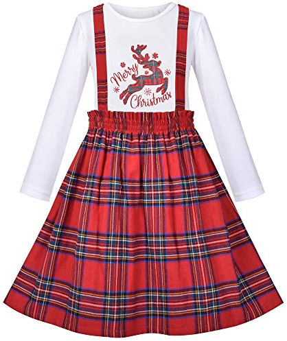 Sunny Fashion 2 Pezzi Impostato Ragazze Maglietta Gonna a Sospensione Natale Rosso Scacchi Renna 4-5 Anni