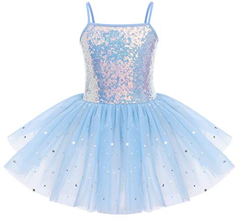 IWEMEK Kinder Ballettkleidung Mädchen Ballettkleid Ärmellos Pailletten Balletttrikot Ballettanzug Tanzkleid Tanzbody mit Tütü Rock Ballettrock Gymnastik Tanzbekleidung Blau 3-4 Jahre
