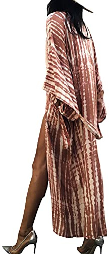 YouKD Bohemisk kofta för kvinnor, maxiklänning, strand, döljande klänning, lång kimono, en storlek, B ljusröd, En Storlek