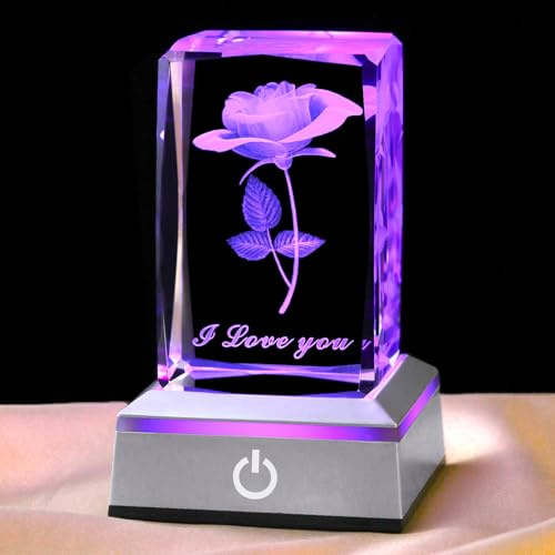YANFEYHA 3D Rose Kristall Multicolor Nachtlicht,Ich liebe dich Deko Lampe,Perfekte Valentinstag Geschenkideen für Mein Freundin Ehefrau Mama,Weihnachtstag Jubiläum Geburtstagsgeschenke für sie