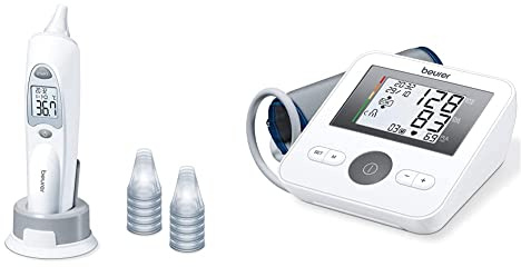 Beurer FT 58 Ohrthermometer & BM 27 Oberarm-Blutdruckmessgerät mit Manschettensitzkontrolle, für Oberarmumfänge von 22-42 cm, Risikoindikator, Arrhythmie-Erkennung, Meldung bei Anwendungsfehlern