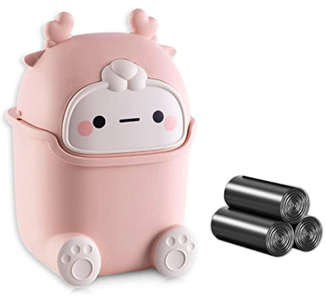 TIE-DailyNec Mini Desktop Mülleimer Nette Tischabfalleimer mit Push Deckel Abfalleimer Countertop Mülleimer mit 3 Rollen Müllbeutel (PINK)