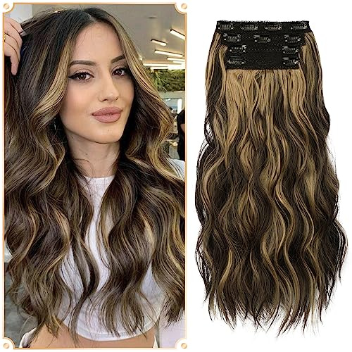 Sofeiyan Clip in Extensions 4PCS Haarteile lange gewellte synthetische Haarverlängerung natürliche Clip in Faser Haarteil Weich Spitze Schuss Haar Extensions Clip in Haarteil für Frauen, 50cm