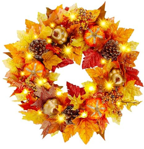 45cm Artificial Autumn Wreath Front Door Wreath Autumn Harvest Wreaths with Pumpkin Berries Pine Cone and Maple Leaf with LED Light for Halloween Thanksgiving Home Decoration