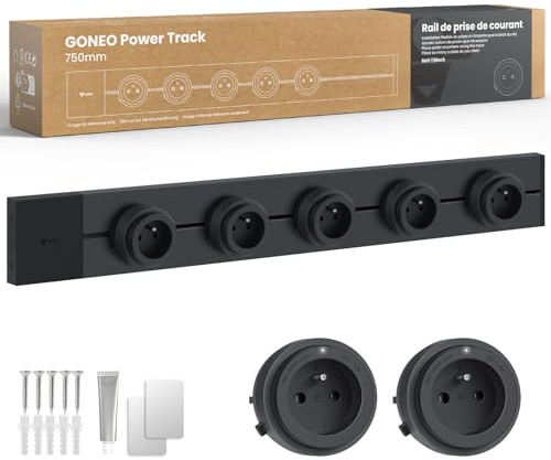 GONEO Rail de Prises modulable Mural 75 cm, multiprise électrique avec 5 adaptateurs et interrupteurs, 16A 3680W, 2P+T, Extensible jusqu'à 8 Prises, idéal pour Cuisine, Salon, Lieu de Travail