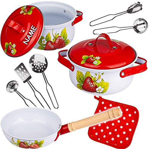 alles-meine.de GmbH 11 TLG. großes Set Kochset & Topfset - Puppengeschirr/Kochtopfset - Erdbeere - inkl. Name - aus Metall/Emaille - echte Blech Töpfe/Panne + Küchenhelfe..