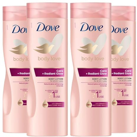 Body Love Care + Radiant Glow Illuminating Body Lotion for radiant instant glow and nourished skin that is made for all skin types, 400 ml (4 Pack)