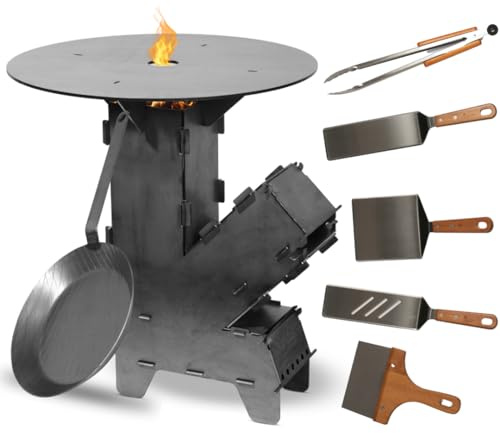 Czaja Raketenofen Set mit 5 mm starker Feuerplatte, Eisen Bratpfanne und 5-tlg Grillbesteck | Rocket Stove aus 3 mm dickem Stahl, Hobo Kocher, Campingkocher Campinggrill Made in Germany