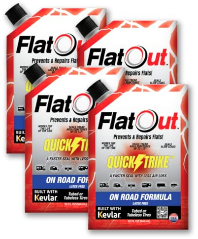 FlatOut QuickStrike Tire Sealant On-Road Formula - Prevent Flat Tires - Seal Leaks - Contains Kevlar - Tubeless Tire Sealant - Fast-Acting Formula - 32 Ounce Bag - Pack of 4