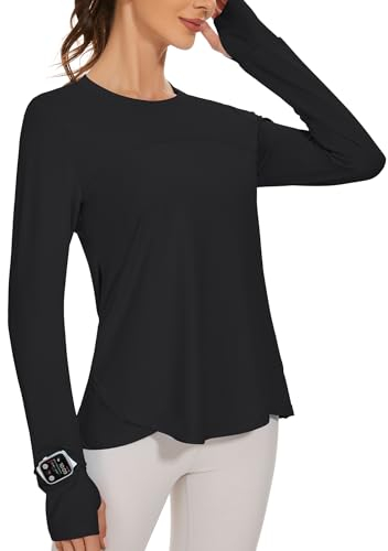 IECCP Camicetta sportiva da donna, a maniche lunghe, UPF 50+, protezione dai raggi UV, maglietta a maniche lunghe, vestibilità sottile, con foro per il pollice, rashguards, Nero , XL