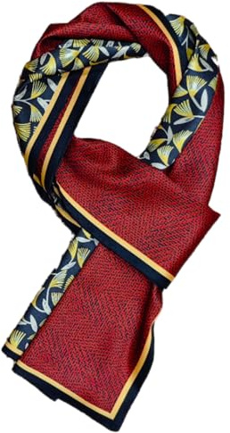 GIMIRO Satin Seidenschal Doppelschichten 150 x 16cm Eleganter Schal mit Ginkgo-Blatt-Muster Rot und Marineblau Goldene Akzente Zweifarbiges Design (11# Red/Golden Leaf Unisex)