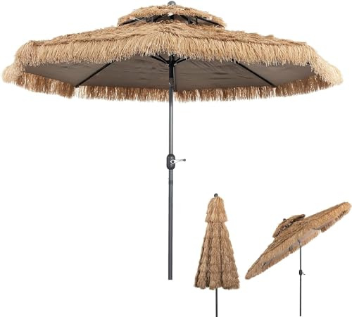 GOPLUS 2,7x2,5 M Sombrilla Terraza Exterior de Paja con Techo Doble, Parasol Hawaiana Playa, Inclinable con 8 Varillas,Manivela Manual,Protección UV para Patio Piscina,Jardín (Natural, 270 cm)