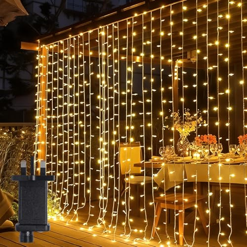 GlobaLink Curtain Lights, 600LEDs 6x3m Curtain Fairy Lights, Waterproof Christmas Window Lights with 8 Modes, Plug in Waterfall String Lights for Wedding Wall Party Bedroom Indoor Outdoor - Warm White