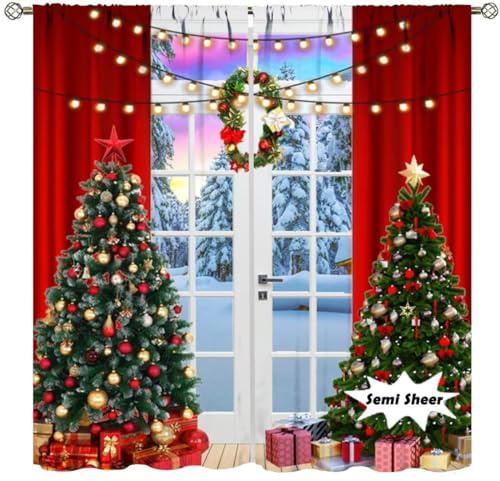DDCBNS Christmas Thin Curtains for Living Room,Winter Forest Bedroom Window Treatments Xmas Tree Décor Curtains for Farmhouse Kitchen,2 Panels Set,Total Size 42 x 44 Inch